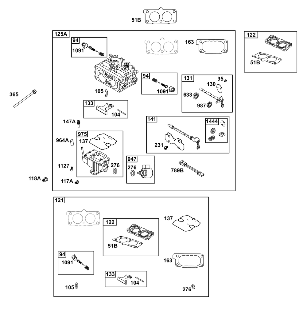 Carburetor Group Diagram and Parts List for 611477-1247-J1  Briggs and Stratton Engine